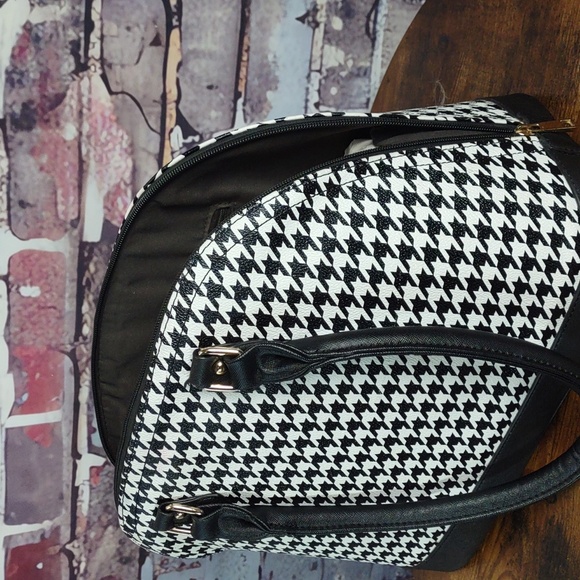 Houndstooth Check Vegan Leather Dome Shaped Satchel Bag - Picture 7 of 9